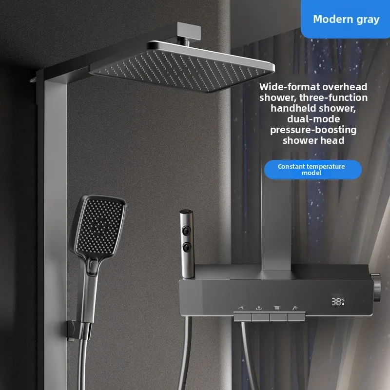 All Copper Shower Set Four Settings Ceiling Rain Shower Thermostatic Digital Display Pressure Boost Shower Head and Handle Set
