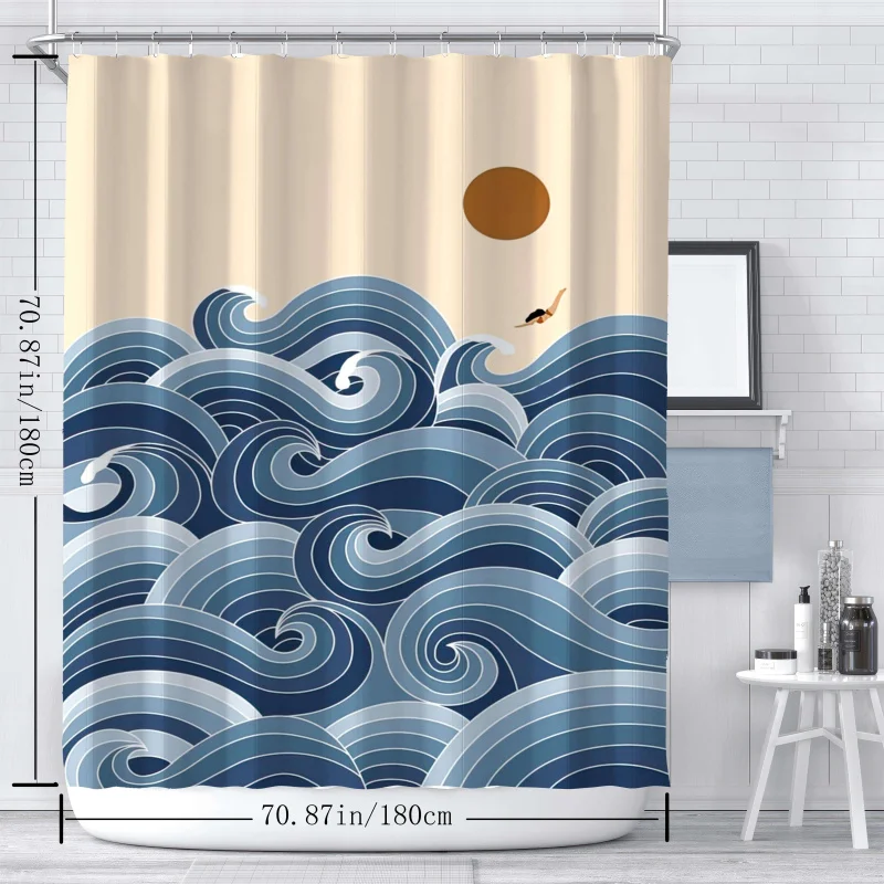 Ocean waves print shower curtain-waterproof polyester with hooks, machine washable, all-season bathroom decor by ywjhui