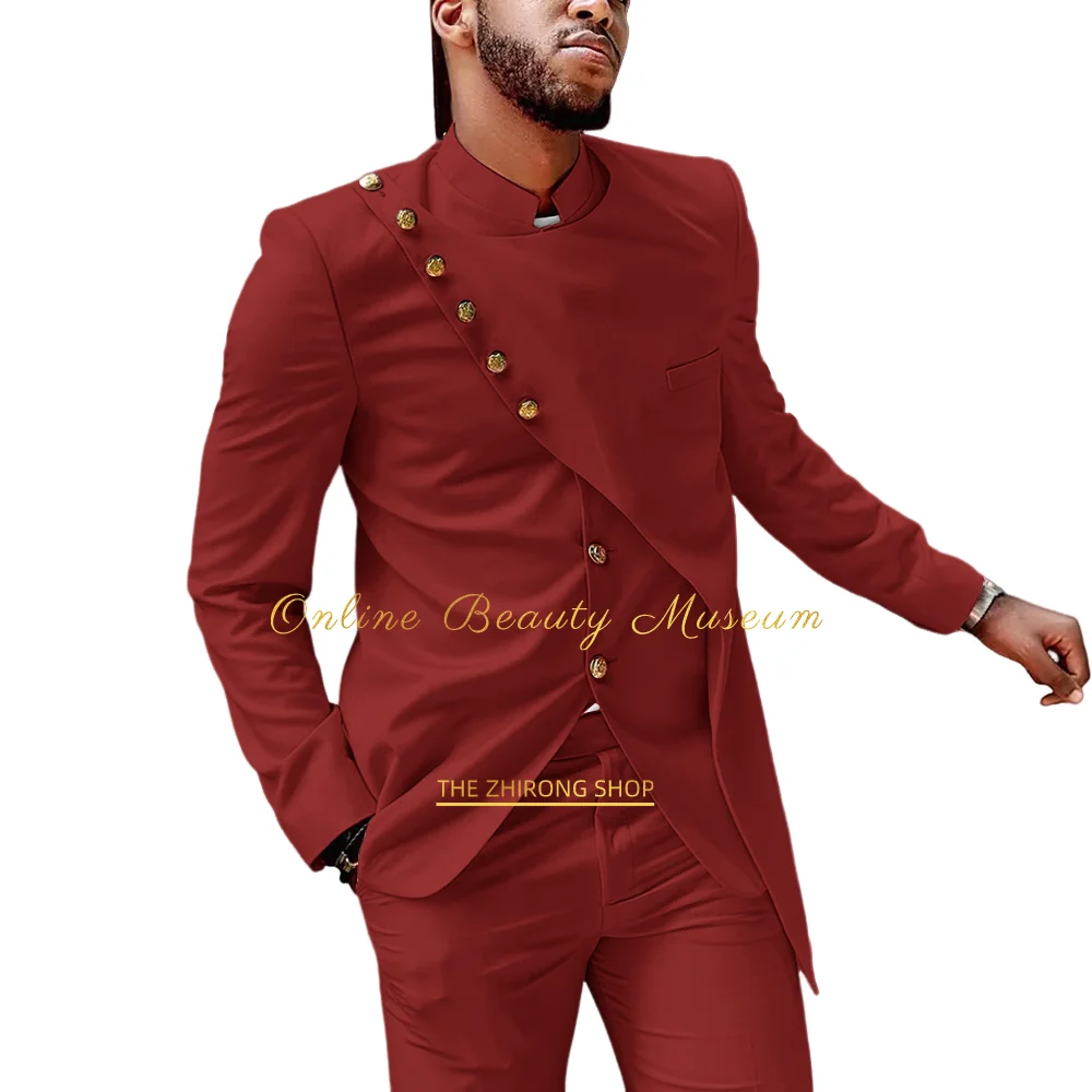 Irregular shaped men\'s 2-piece suit, elegant jacket and trousers with gold buttons, stylish cocktail party dress for men