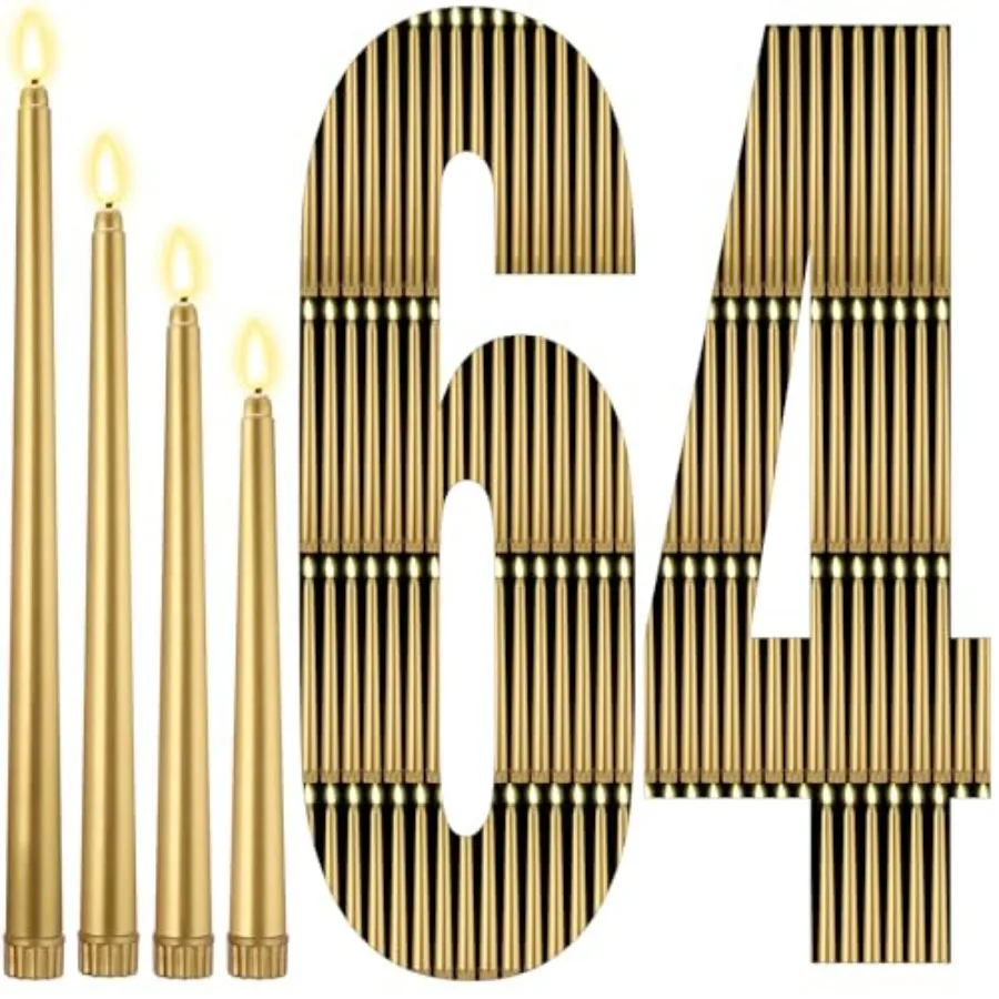 

64 шт. беспламенных светодиодных свечей-конусов на батарейках, 4 размера: 8.5'', 9.65'', 10.83'', 12.8'', мерцающие, для подсвечников