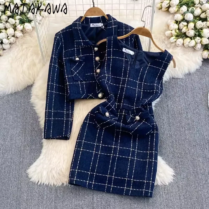 Conjunto de vestido xadrez Matakawa Tweed para mulheres, roupas elegantes, moda coreana, elegante, outono, inverno, 2 peças