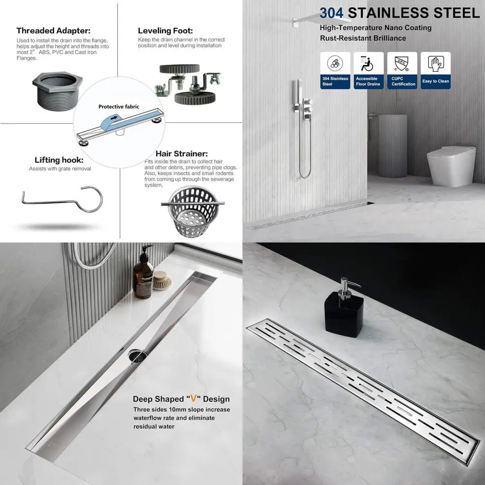 

24 Inch Linear Shower Drain with Brick Grate, Brushed Stainless Steel Floor Drain & Hair Strainer, CUPC Certified