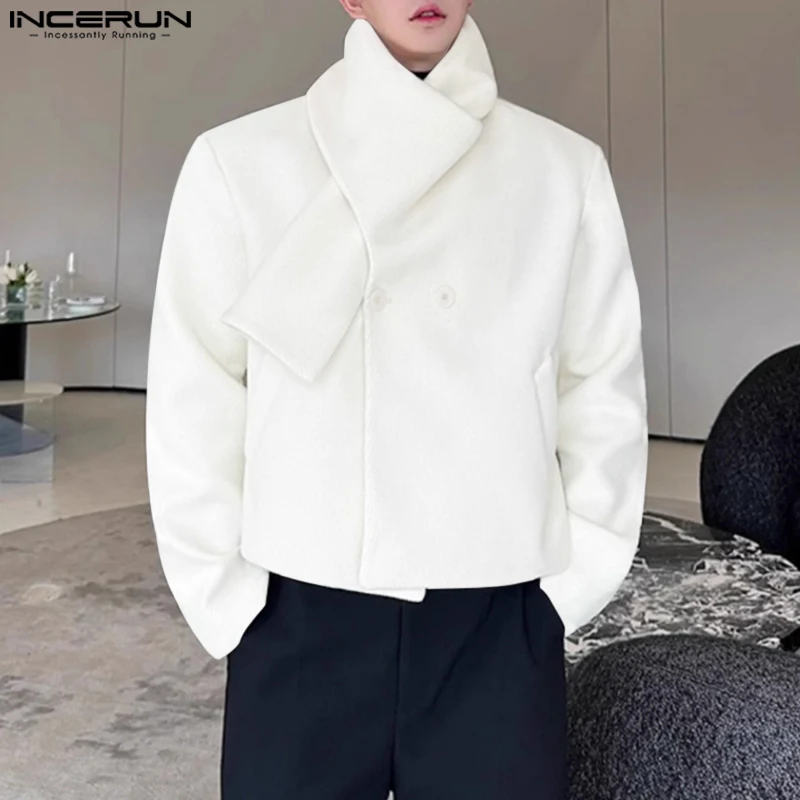 Fashion Casual Style Tops INCERUN Men's Scarf Design Diagonal Texture Jackets Streetwear Hot Sale Loose Solid Long Sleeved Coat