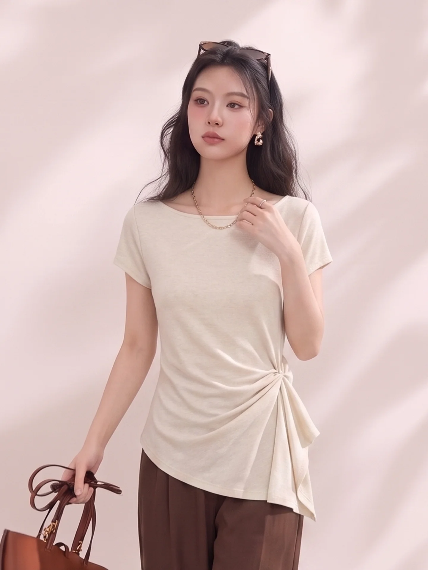 Loose Short Sleeve O-Neck T-Shirt Women's Summer Slim Fit Thin Style Korean Version City Walk Pure Color round Neck Top