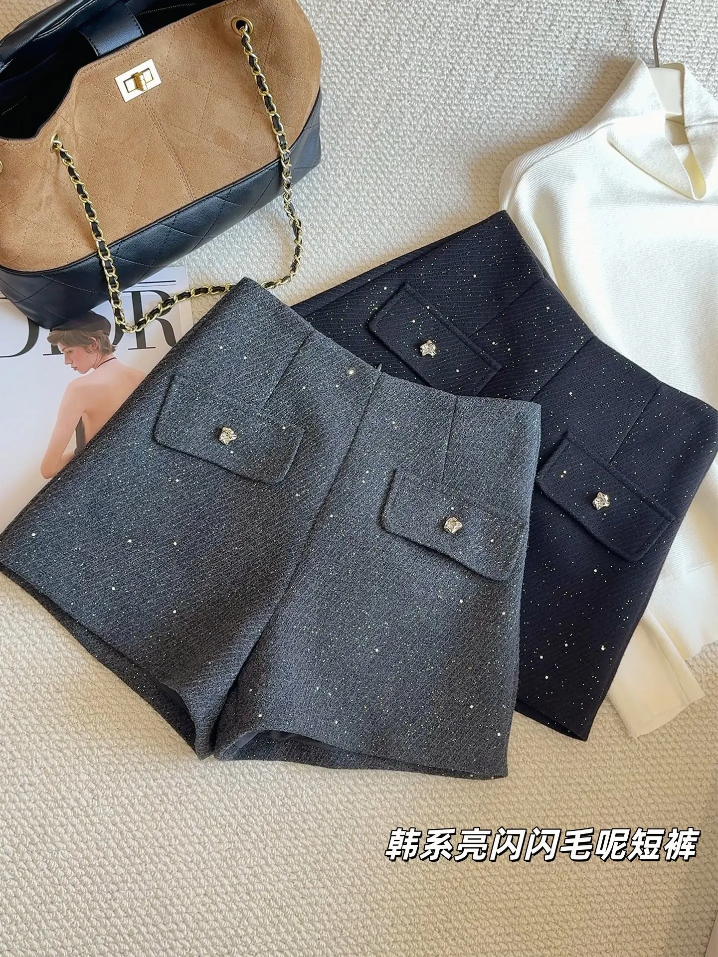 

Женские серые мини-шорты винтажные 2000-х годов Y2k Gyaru Микро шерстяные шорты с высокой посадкой и горячими пайетками Брюки Шорты Одежда Весна 2026