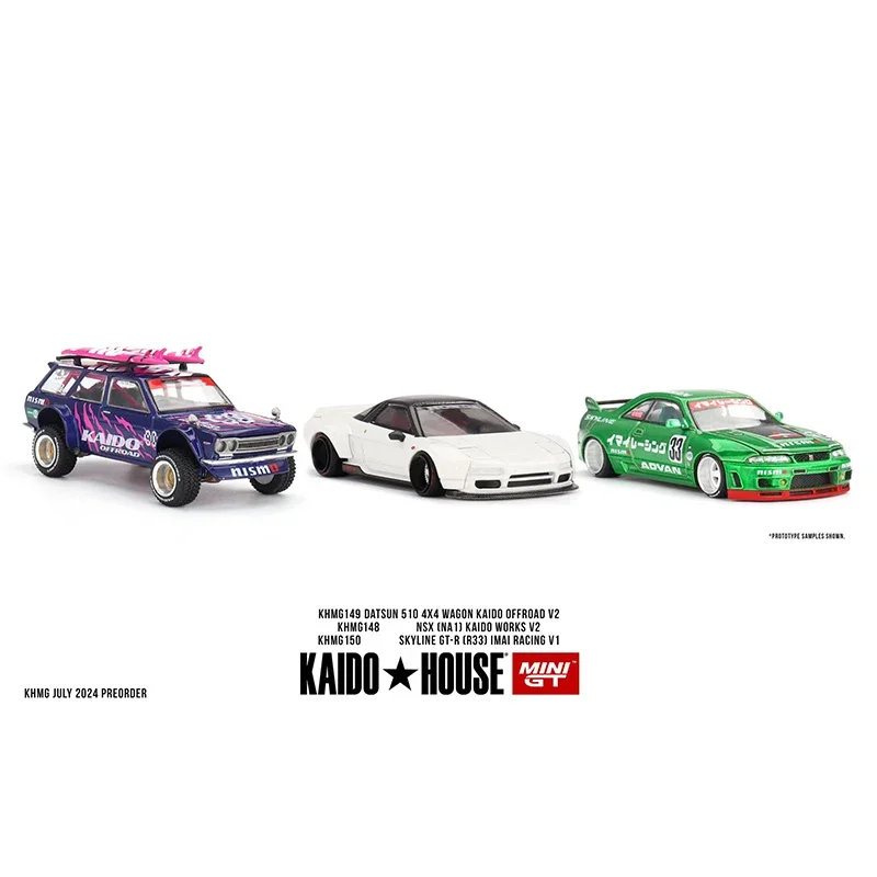 MINIGT KHMG150 متوفر 1:64 Skyline GTR R33 Imai Racing V1 غطاء محرك السيارة القابل للفتح دييكاست نموذج سيارة Kaido House #2