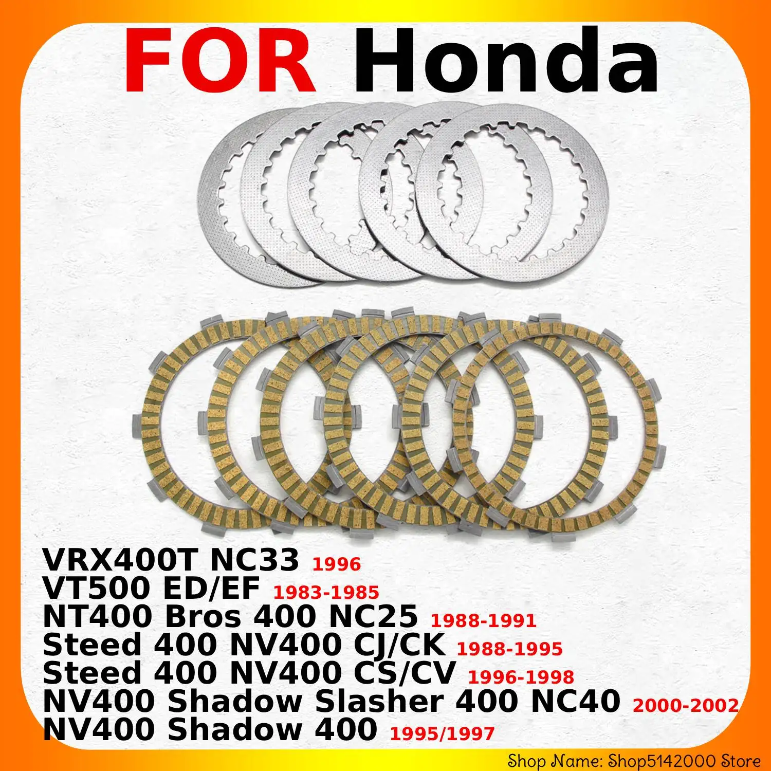 For Honda NT400 Bros 400 NC25 VT500 ED/EF Steed 400 NV400 CJ/CK CS/CV OEM:22321-MM9-000 Motorcyle Clutch Friction Disc Plate Set