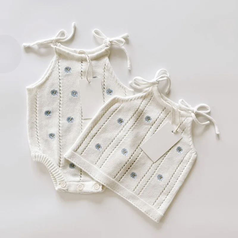 Baby Cotton Daisy Embroidered Playsuit Infant Knit Strap Jumper Adorable Children Outfits
