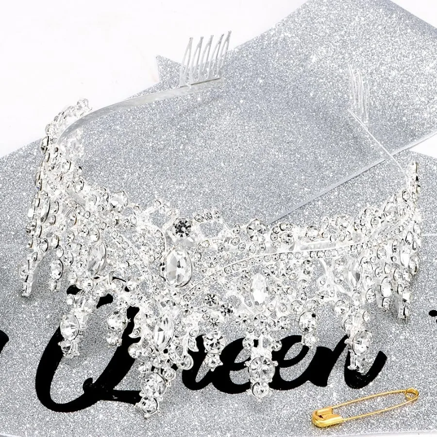 Barocke Strass-Geburtstagsköniginnen-Schärpe mit Krone, Tiara und Stirnband, Geburtstags-Schärpe mit Anstecknadel, Happy Birthday Party Dekoration – Detail 33