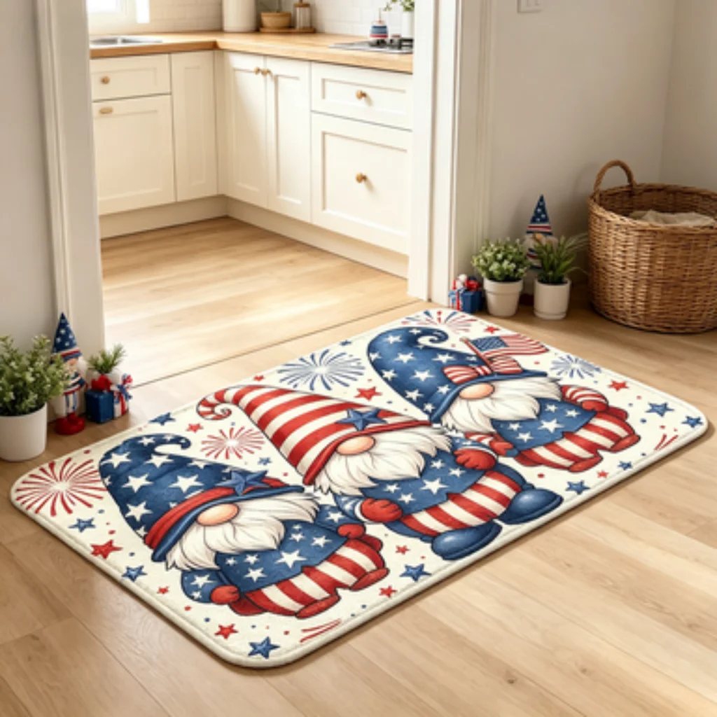 American Festive Christmas Reindeer Mat, Stars Stripes Faceless Gnome Doormat, Dark Green Allover Santa Candy Entrance Mat.