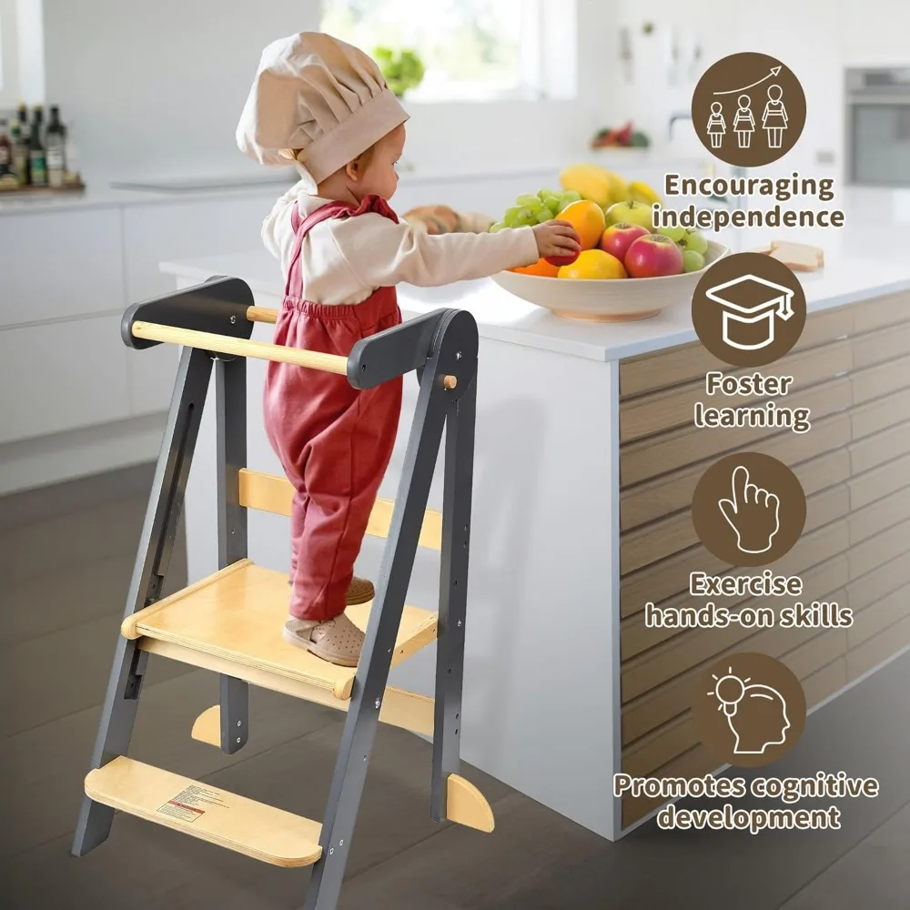 Taburete plegable de cocina premontado، torre plegable para learn con 3 alturas ajustables، torre Montessori para niños de 1.