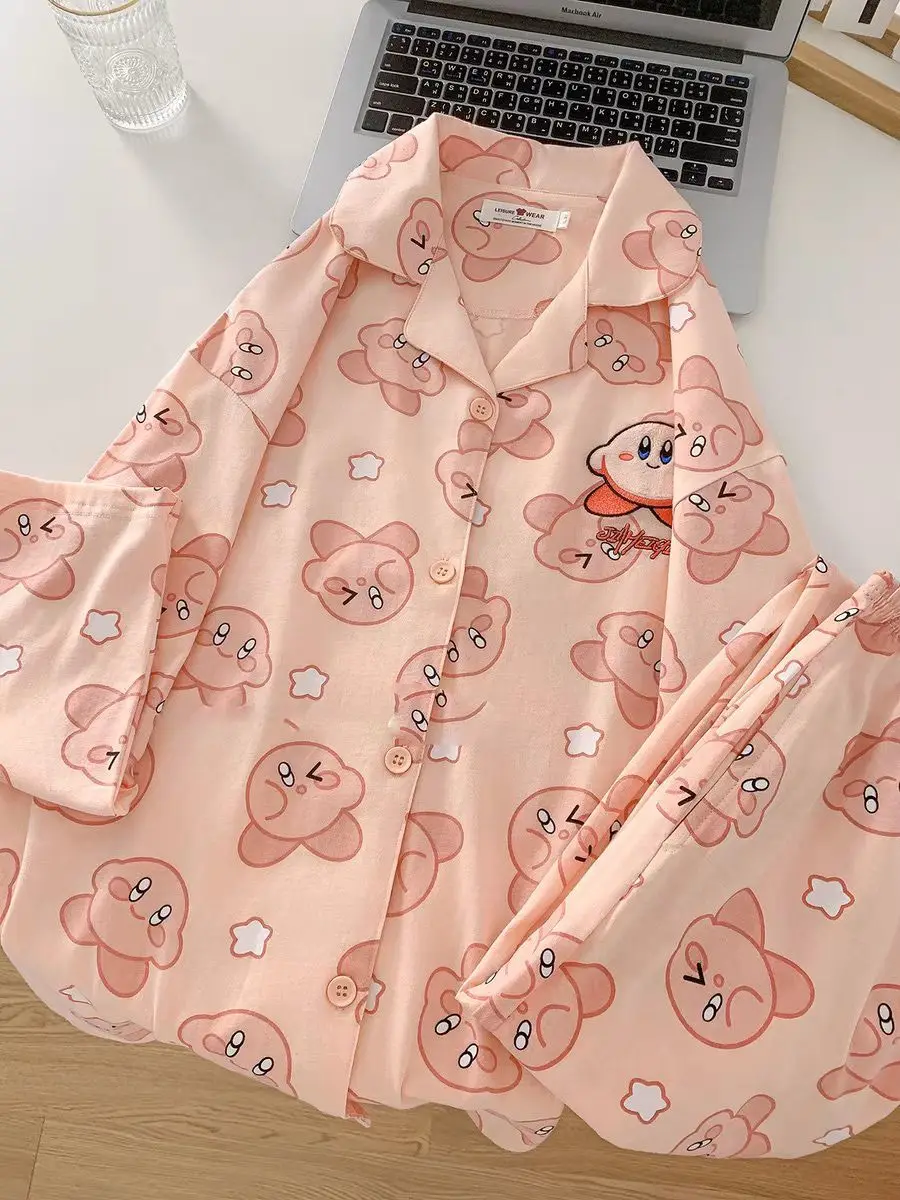 Cute Star Kirby Pajamas for Women Spring Autumn Long Sleeve Long Pants Sleepwear Cartoon Girls Loungewear Casual Comfortable