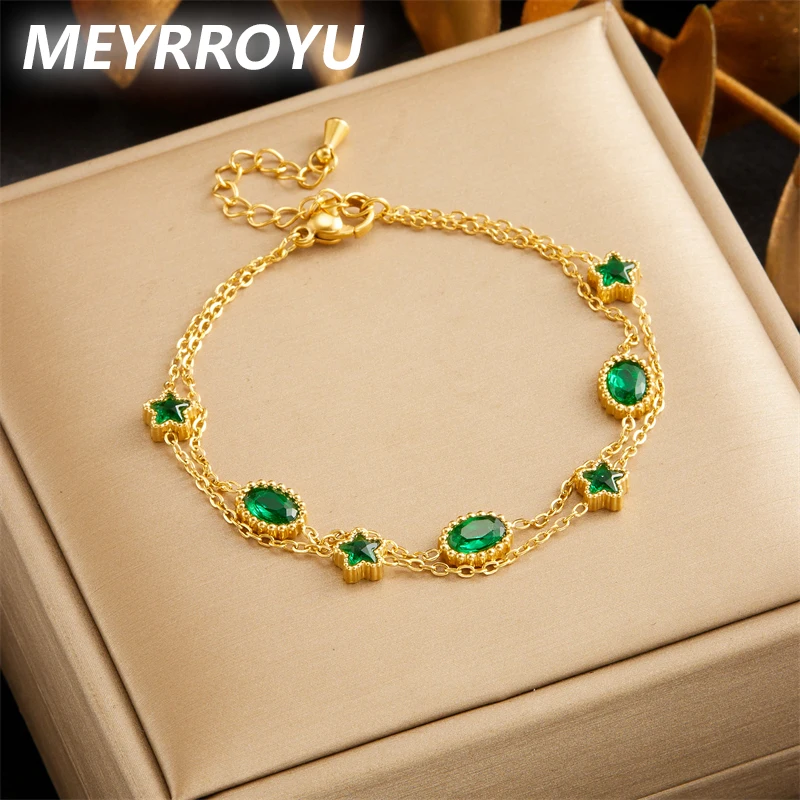 MEYRROYU 316L Stainless Steel Green Stone Double-deck Chain Bracelet for Women Gold Color Girls Wrist Jewelry Casual Gift