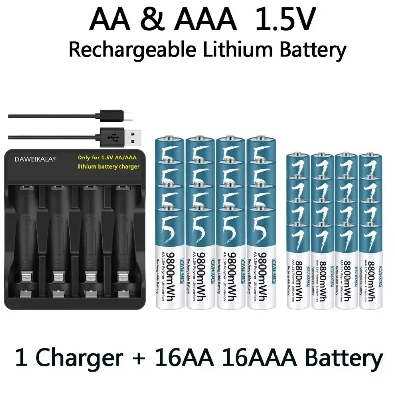 

100% Original AA 9800mWh AAA8800mWh Battery 1.5V Rechargeable Polymer Lithium-ion Battery 1.5V AA/AAA Battery with USB charger
