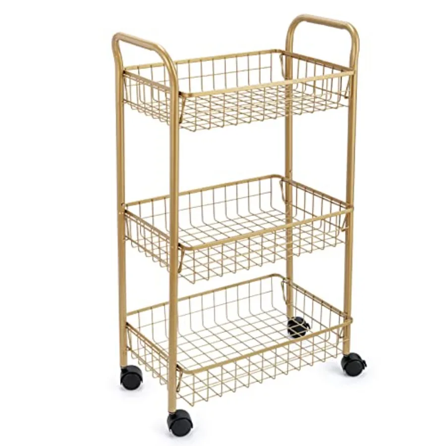 

3 Tier Mesh Rolling Utility Cart, Gold Metal Organization Cart with Lockable Wheels, Multifunctional Storage Trolley Service Ca