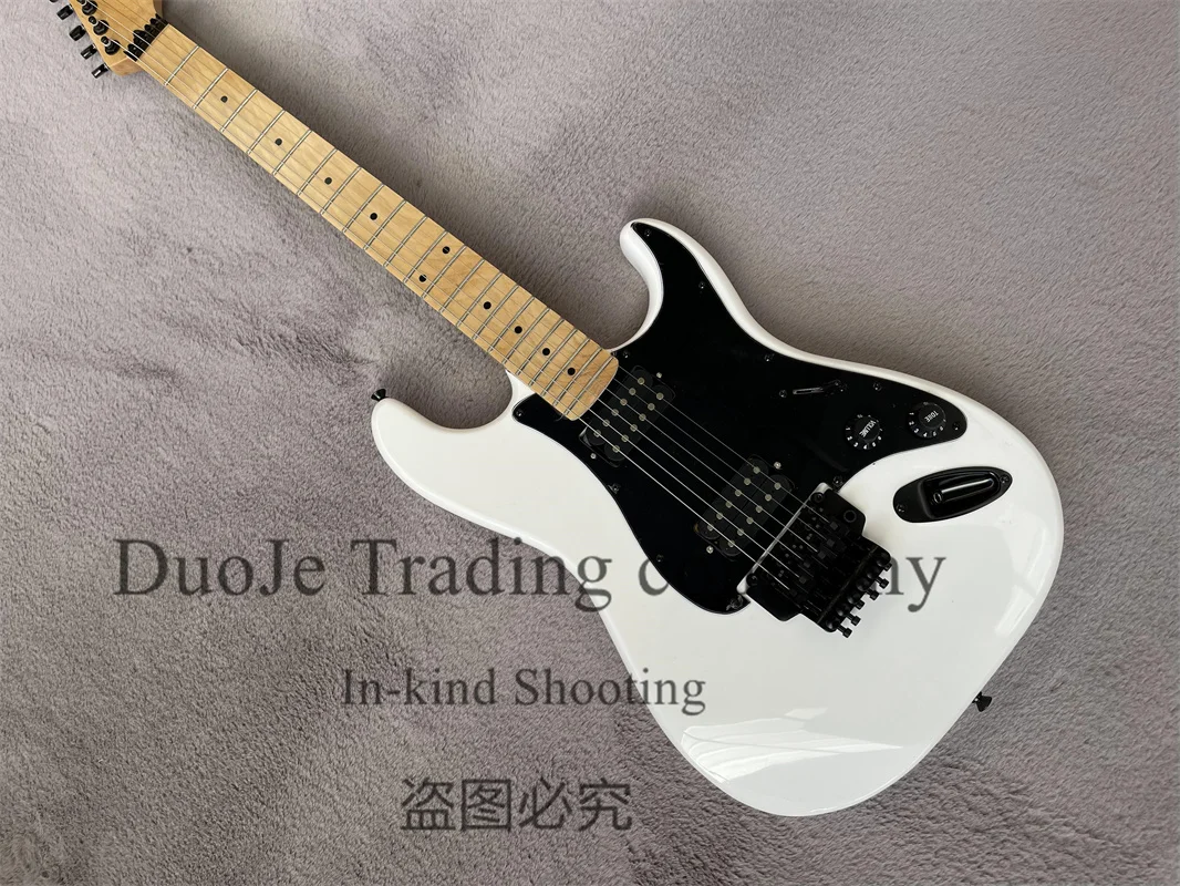 White ELectric Guitar Stra Body Tremolo Bridge HH Pickups Black Guard Black Tuners Mapel Fingerboard Factory Custom