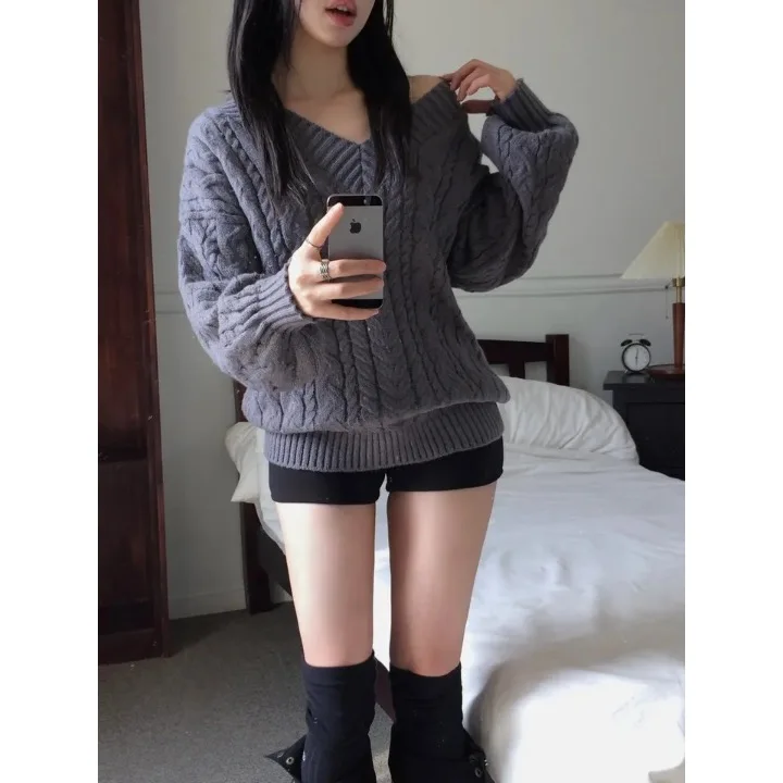 

Chic Pure Color V-Ne Loose Thiened Twisted Sweater Outerwear Knitted Top for Women Autumn Winter New Arrival