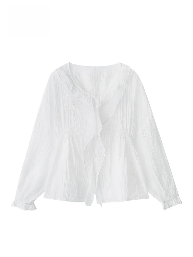 

GOFAR Gentle Sle Long Sve irt Women's Lightweight Loose Sun Protection White Lace Trim Top Fene Spring Faion