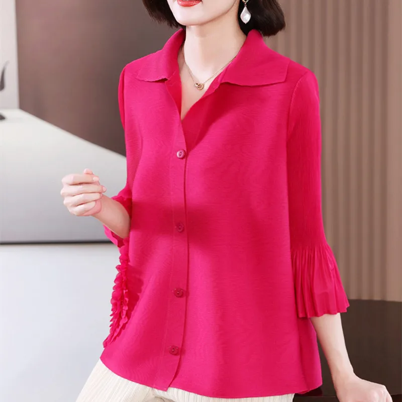 

Top For Women Autumn And Spring New Fashion Flare Sleeve Turndown Collar Stretch Miyake Pleated Solid Color Shirt