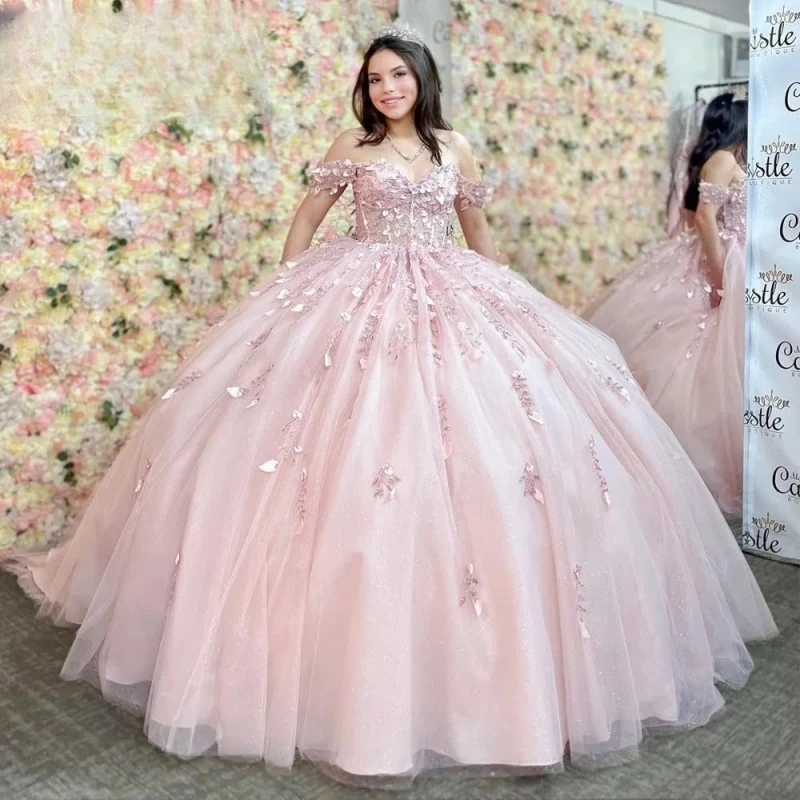 Pink Princess Quinceanera Dresses Ball Gown Shiny Off The Shoulder Tulle Appliques Sweet 16 Dresses 15 Años  Customized