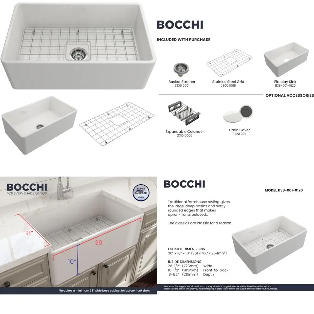 

Classico Farmhouse Style 30 Inch White Fireclay Single Bowl Kitchen Sink with Protective Grid and Strainer
