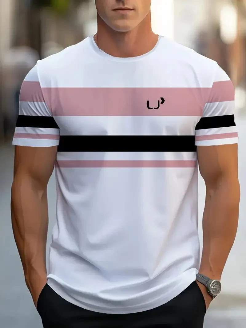 Modisches Herren 3D-Streifen-Print Kurzarm-T-Shirt Sommer Rundhals-Oberteil Trend Lässige Streetwear