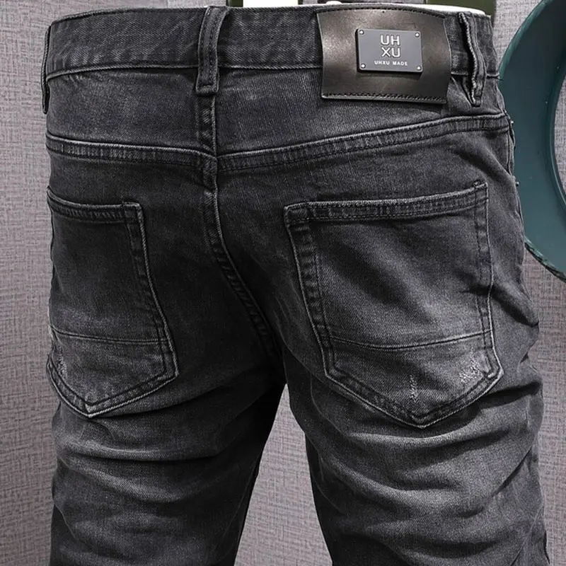 High Street Fashion Men Jeans Retro Black Gray Stretch Slim Fit Ripped Jeans Men Trousers Vintage Designer Denim Pants Hombre