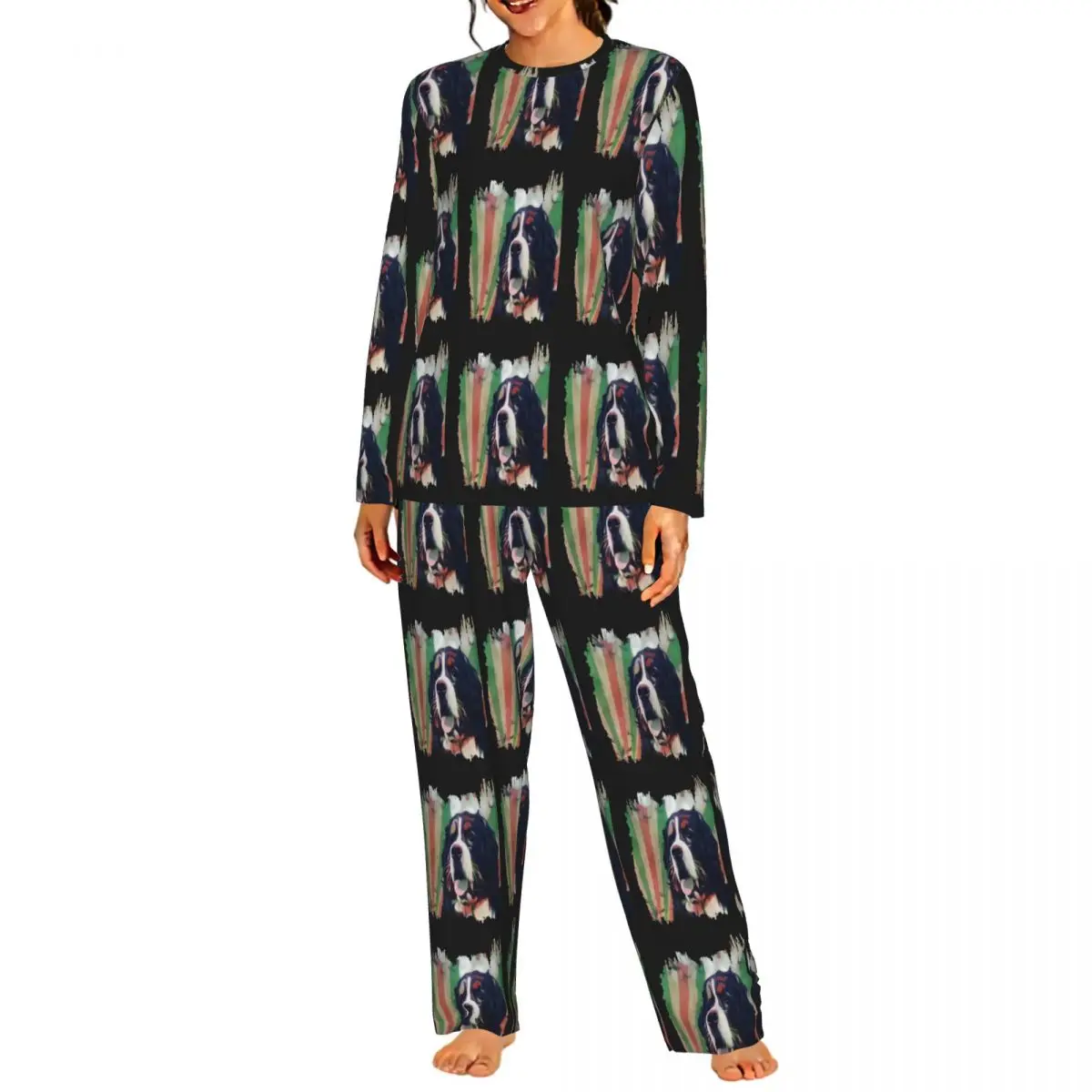 Bernese Mountain Dog Round Neck Long Sleeve Nightgowns for Sleeping Sleepshirts Women Loose Pajama Set Long Pants