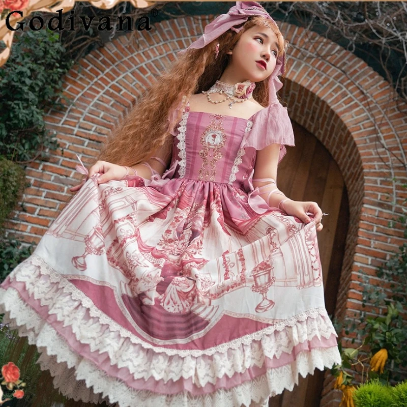 

Original French Court Style Princess Dresses JSK Autumn Women's Cute Printed Vintage Dress Sweet Lolita Fairy Dress Vestidos