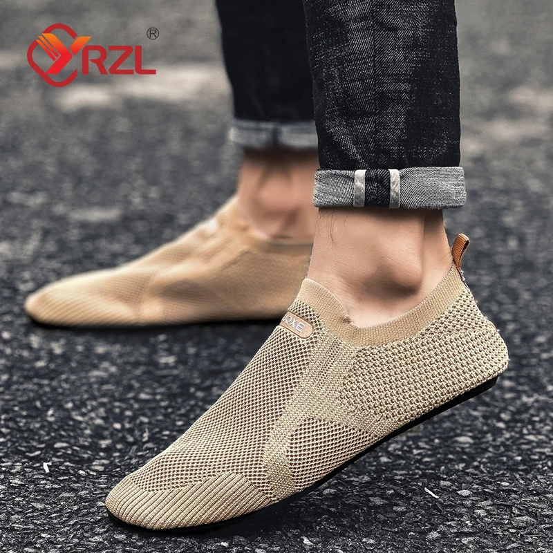 YRZL Shoes for Men Walking Knit Shoes Slip on Leisure Flat Shoe Breathable and Lightweight Mens Loafer Indoor House Casual Shoes