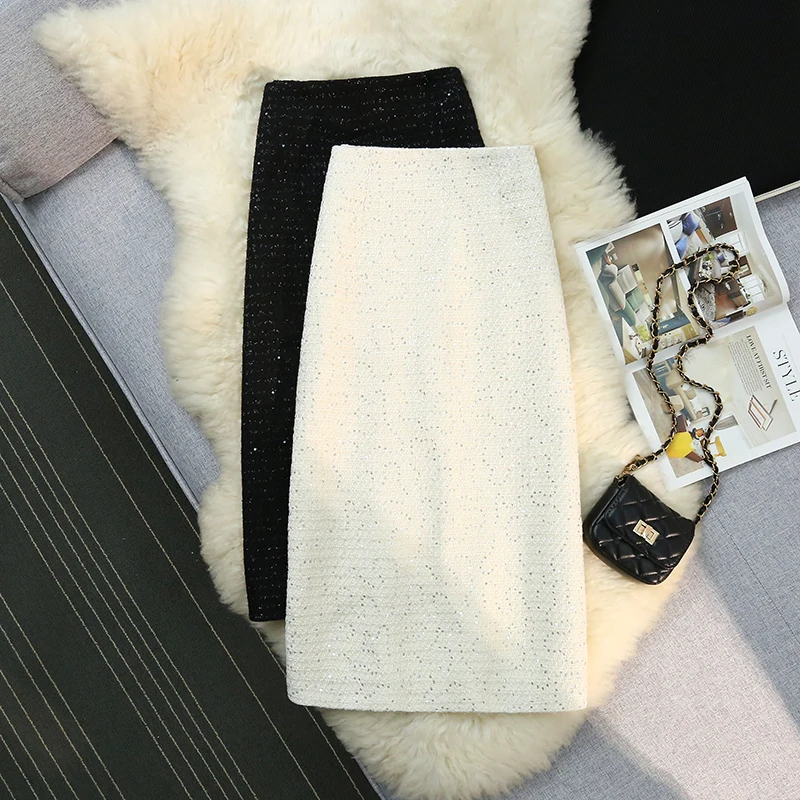 

Women's Autumn Winter High Waist Long Split A-Line Fragrant Sparkling Skirt White Black High Quality