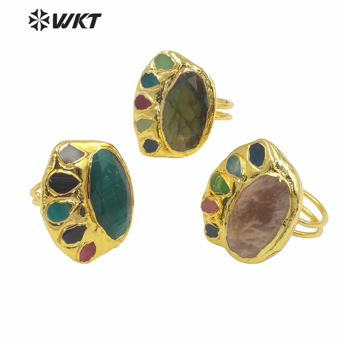 WT-R472 Wholesale Gorgeous Natural Sun Stone with Tiny Gemstone Open size Labradorite Stone Women Rings In 10PCS