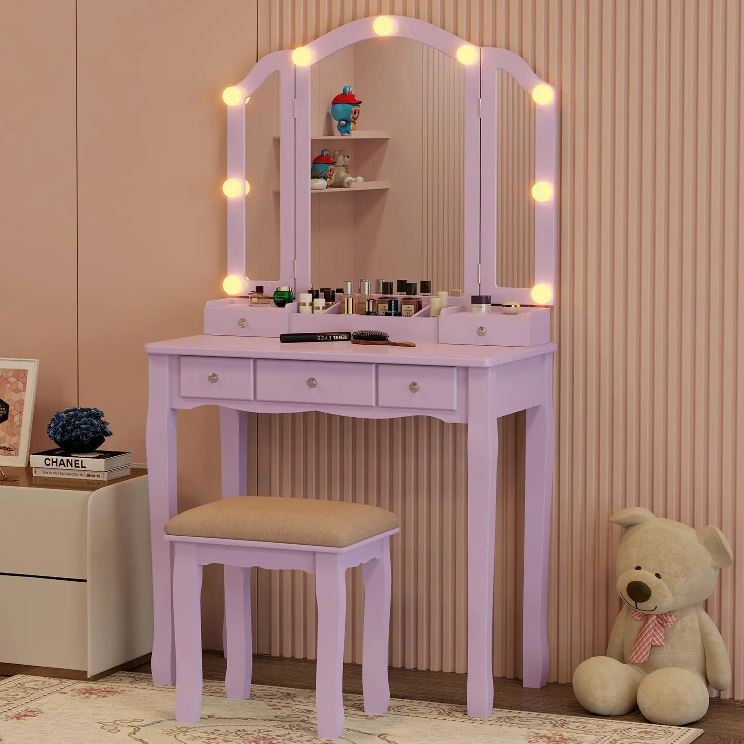 Purple Vanity Desk with Mirror & Lights for Girls Makeup Table with Drawers & Chair Set, Customized