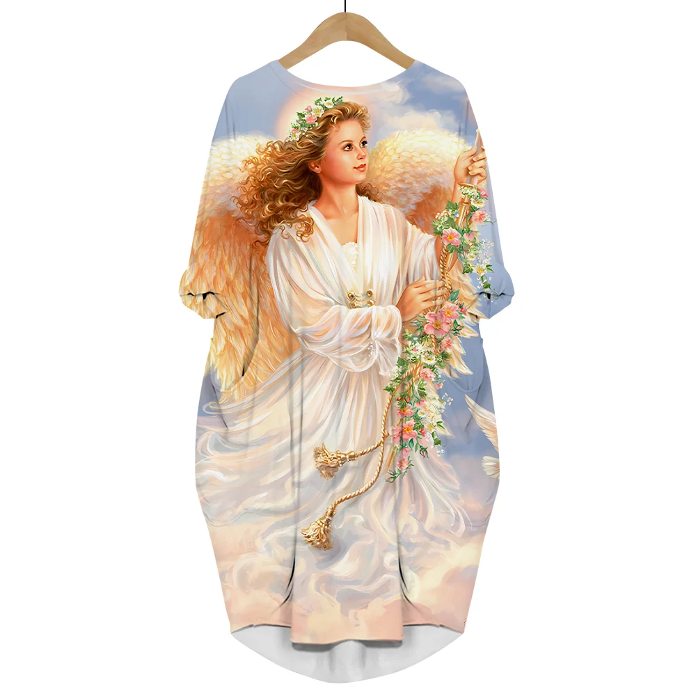 Women Dress Christian Believers Angel 3D Printed Loose Daughter Skirt Streetwear Long Sleeve Pocket Female Dresses Dropshipping