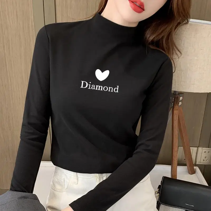 Slim Fit Long Sleeve Printed Base Shirt Half High Collar Korean Style Women's Top Trendy Casual Wear Winter Collection