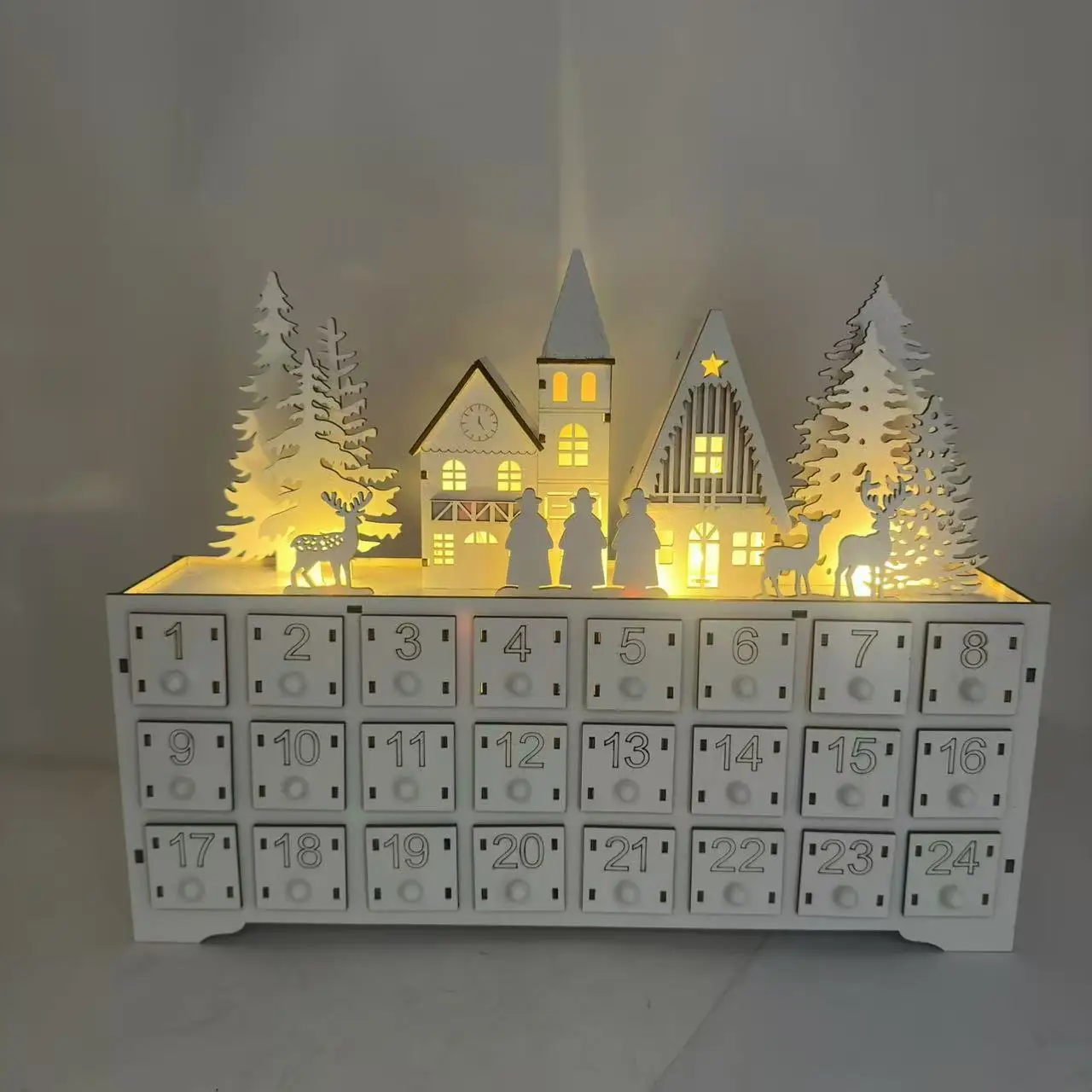 24 Frame Countdown Wooden Christmas Advent Calendar German Village Scene White Decor Xmas Holiday Ornament Gift