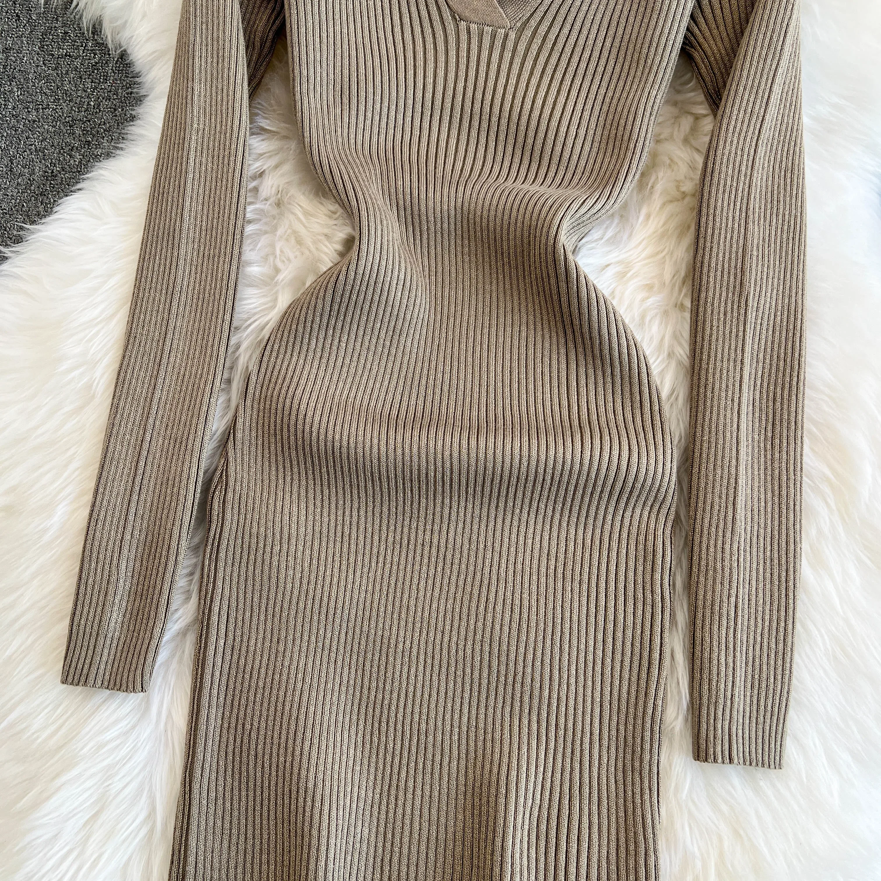 Retro v neck knit Autumn Winter Elegant summer Dress A-line lool Sleeve Vacation basics Women Vestidos dresses