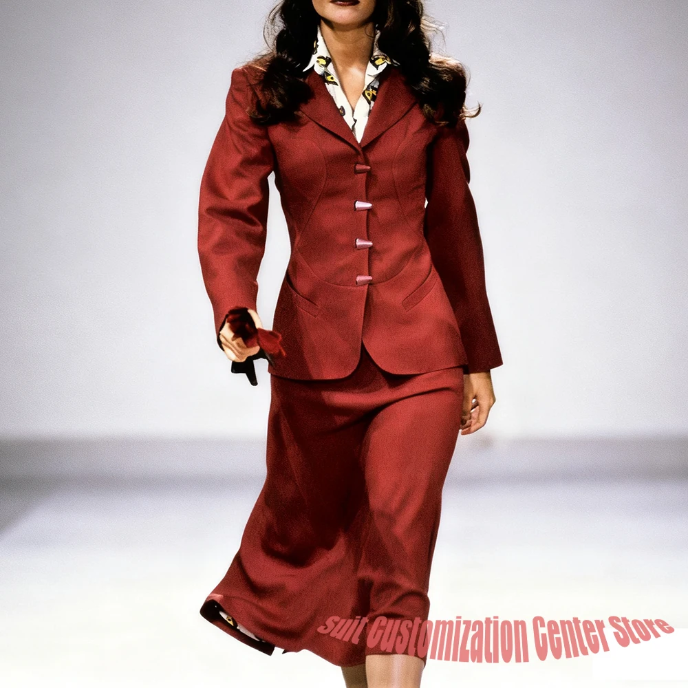 

Tailored Burgundy Single Breasted Women's Jacket Two Piece(Blazer+Midi Skirt) Set Vintage Formal Office Lady Outerwears
