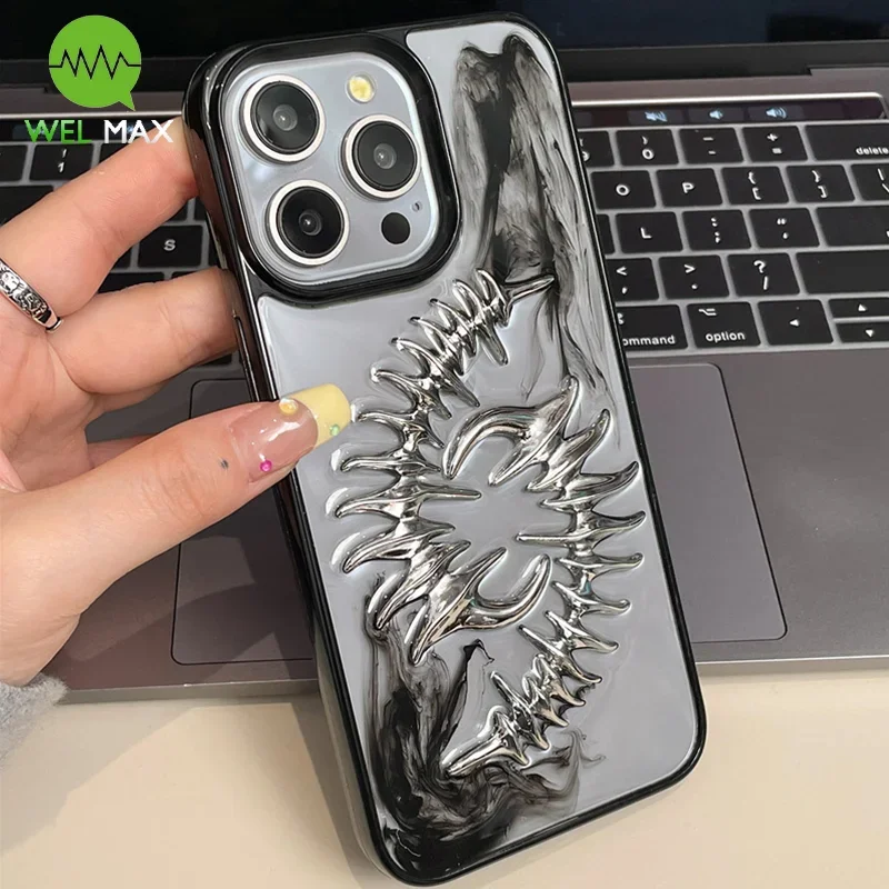 3D Dyeing metal Fishbone Transparent phone case For iphone 16 15 14 plus 13 12 11 Pro Max shockproof Anti-fall TPU soft shell