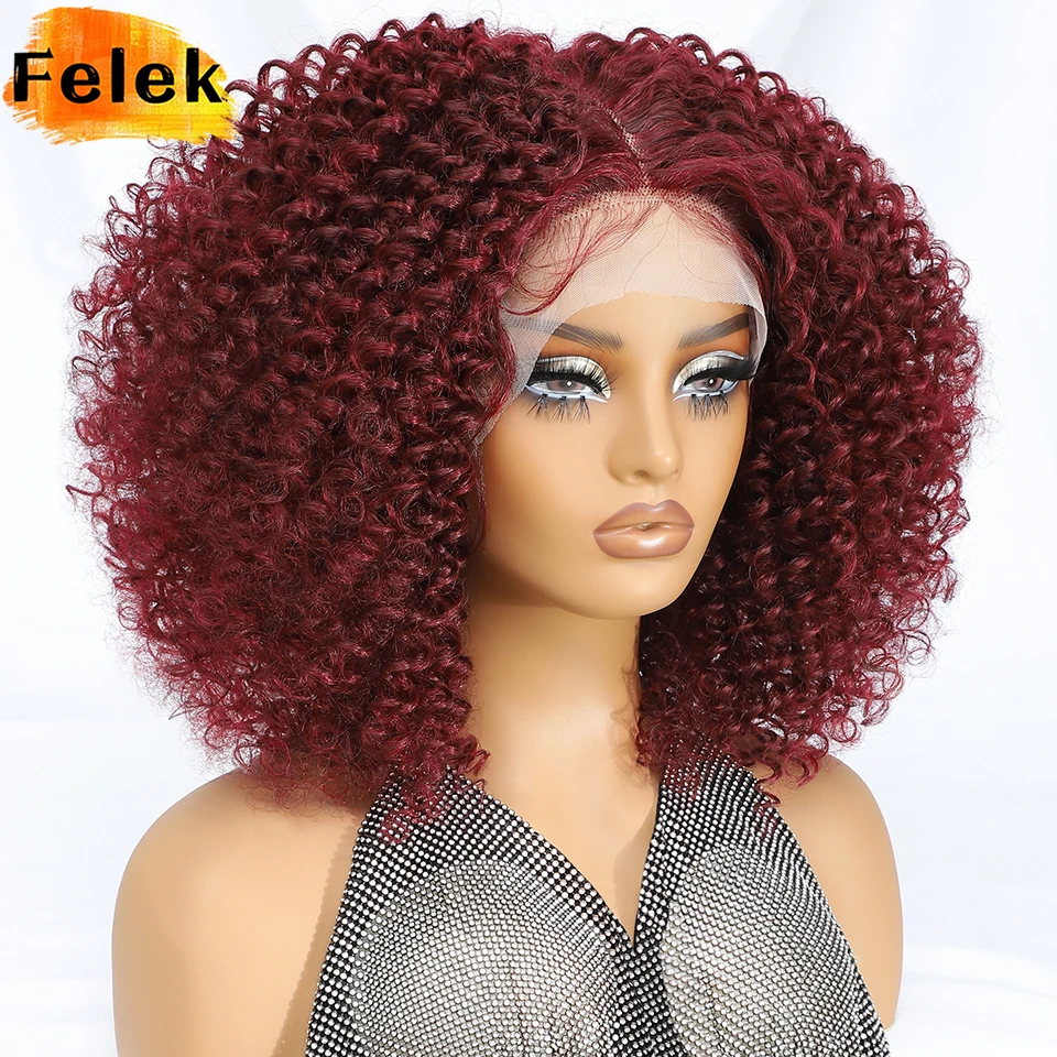 Synthetic Afro Short Kinky Curly Lace Wig For Black Women 14 Inch T Part Lace Front Wigs With Baby Hair Highlight Halloween Wigs