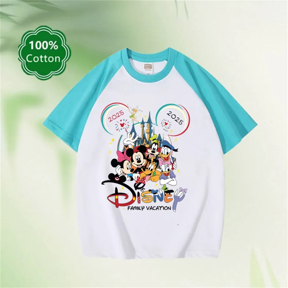 

Disney 2025 Disneyland Mickey Children's T-shirt Holiday Atmosphere Printed T-shirt Boys Girls Summer Cotton Color Matching Top