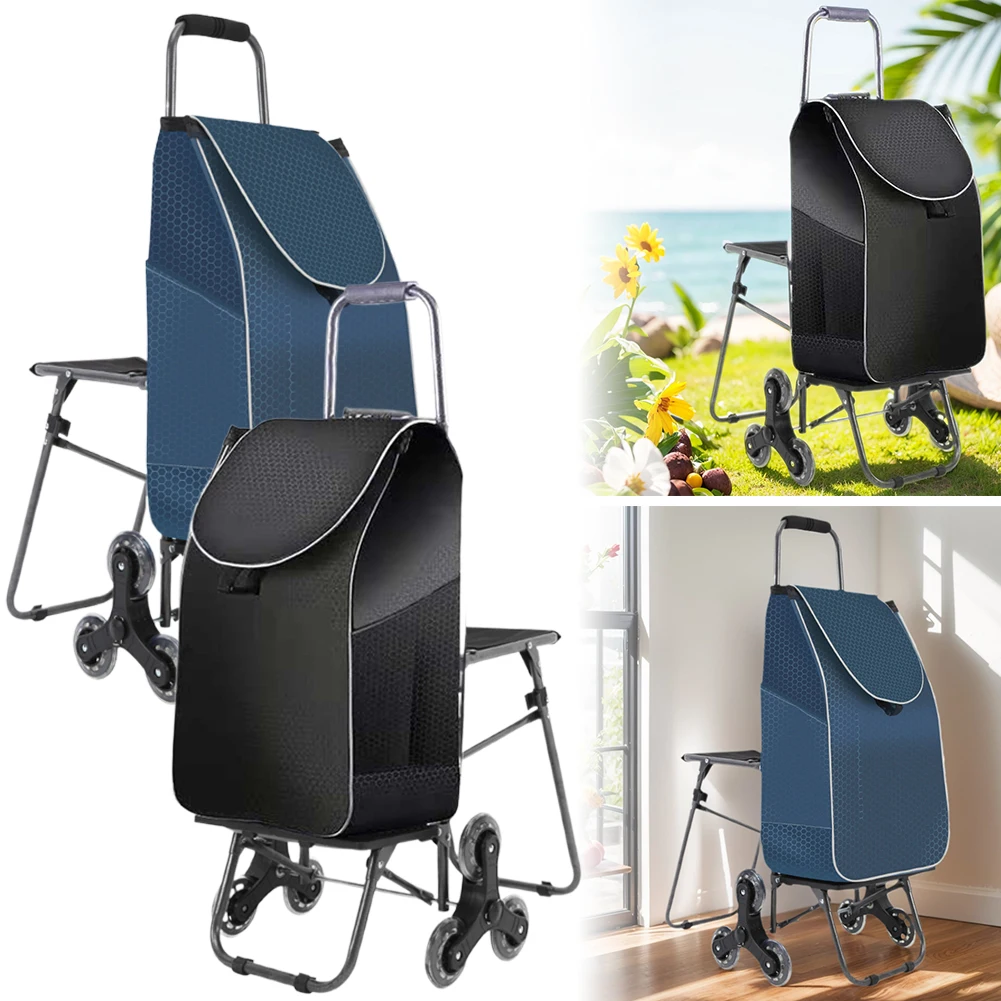 

Portable Folding Cart with Climbing Stair Wheels Market Trolley Storage Bag with Waterproof Bag & Seat Folding Shopping Bag Cart