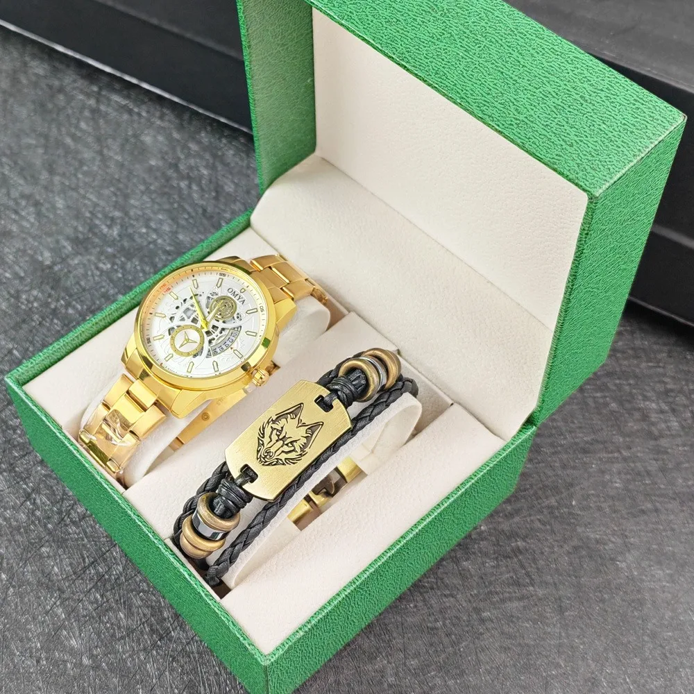 

OMYA Новые модные брендовые мужские часы Набор браслетов с Woft Head Деловые повседневные кварцевые часы для мужчин Мужские наручные часы Подарочный набор Reloj