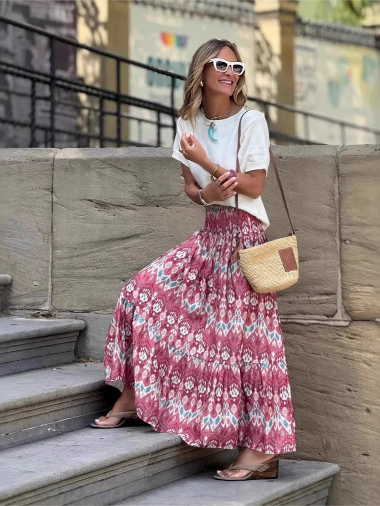 

Summer Bohemian Style Print Skirt Women Fashion Casual All-match Commuting Vacation Elastic Waist A-line Skirts Female 2025 New