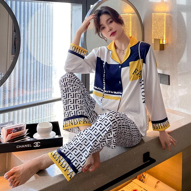 

Satin Patchwork Color Sleep Set Female 2PCS Pajamas Suit Home Clothing Casual Nightwear Intimate Lingerie Spring Pyjamas
