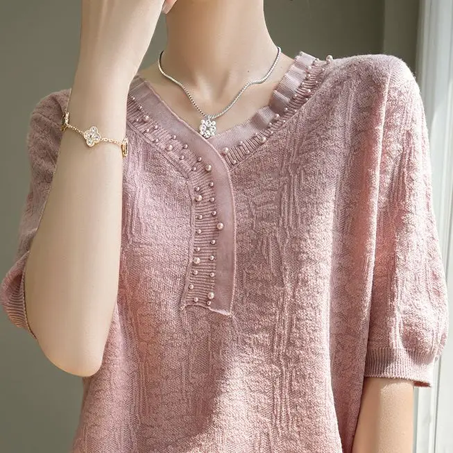 

Fashion Vest Shirt Solid Color V-Collar Knitted Lace Up Short Sleeve Office Lady Loose Elegant All-Match Straight Tops YC169