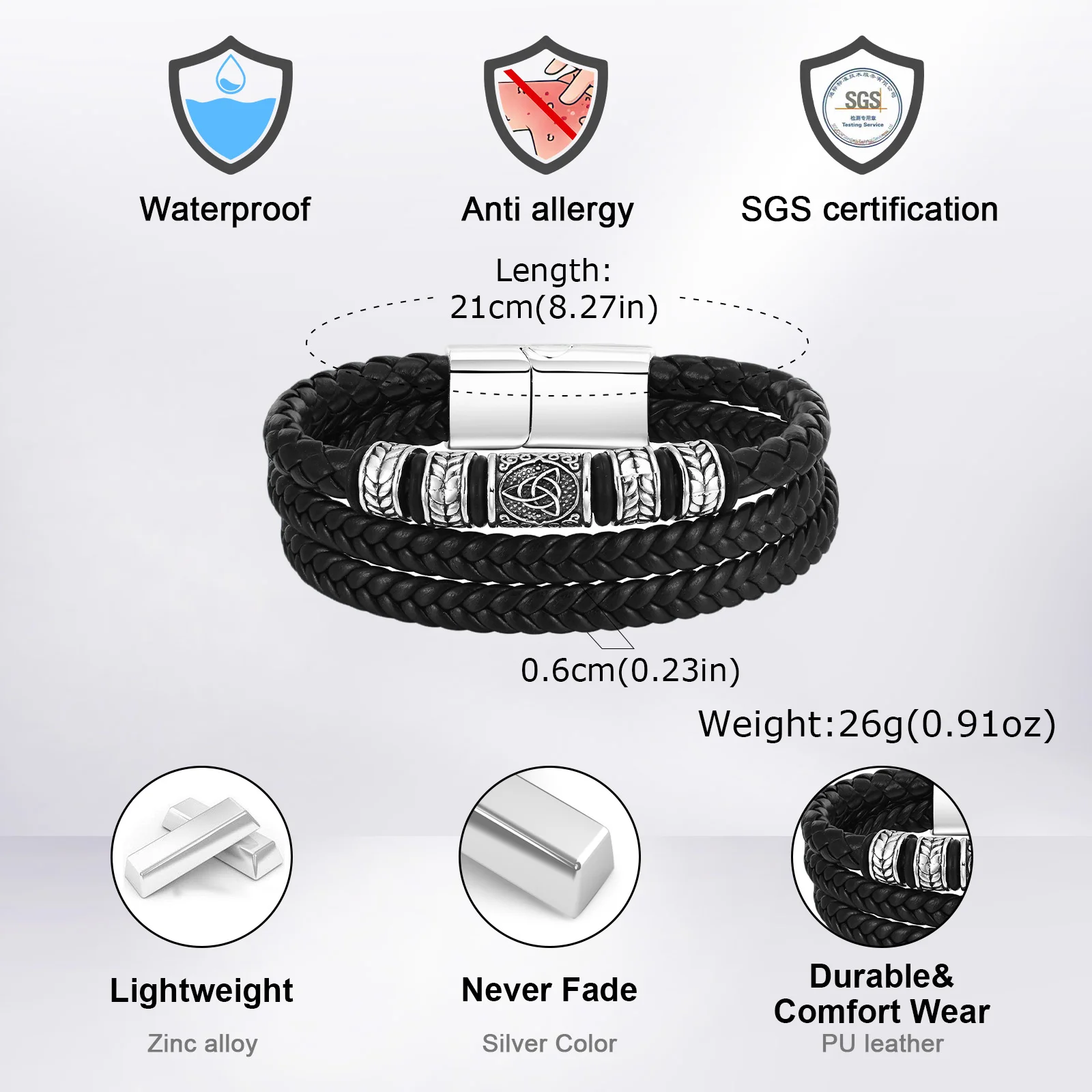 Vnox Herren Mehrschichtiges Lederarmband, Nordisches Wikinger-Kompass-Lebensbaum-Fußball-Perlenarmband, Schmuckgeschenk mit Magnetverschluss – Detail 6