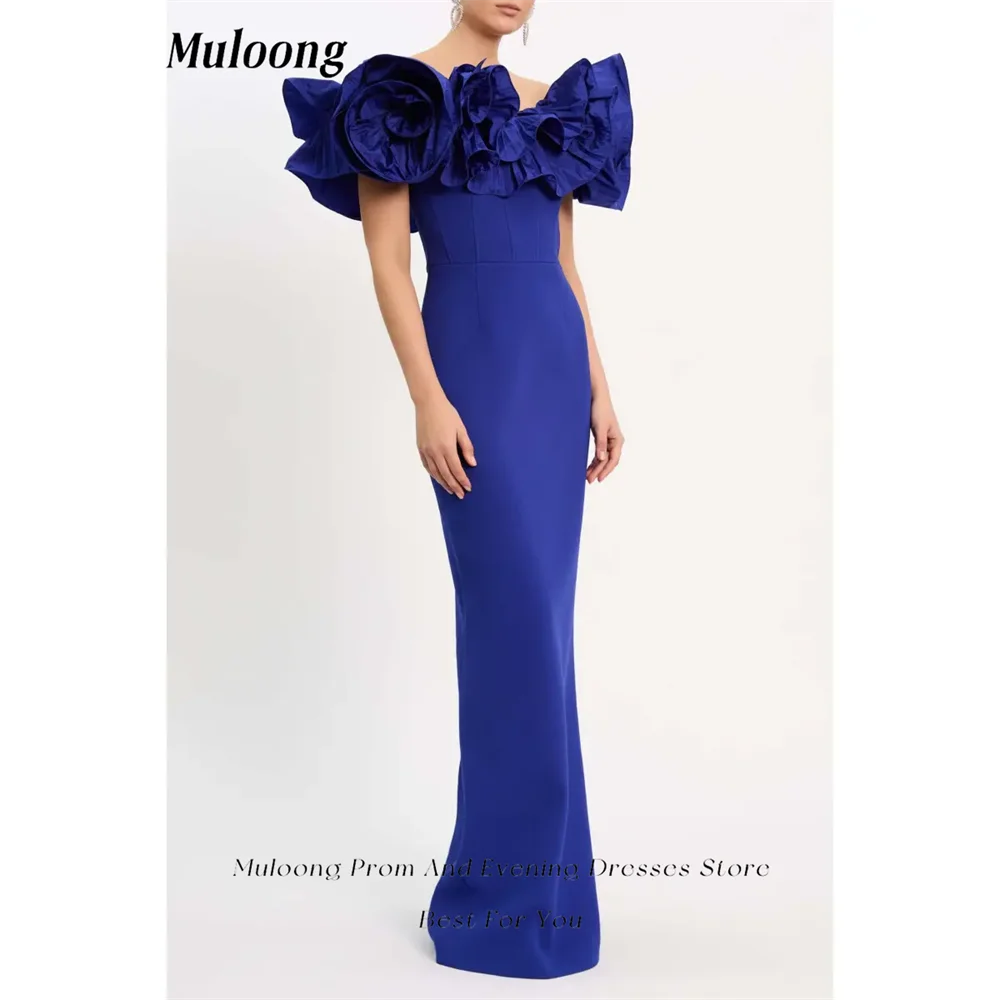 Muloong Blue Off the Shoulder Mermaid Midi Dress Ruffle Taffeta Neckline Floor Length Back Split Classic Luxury Evening Dress