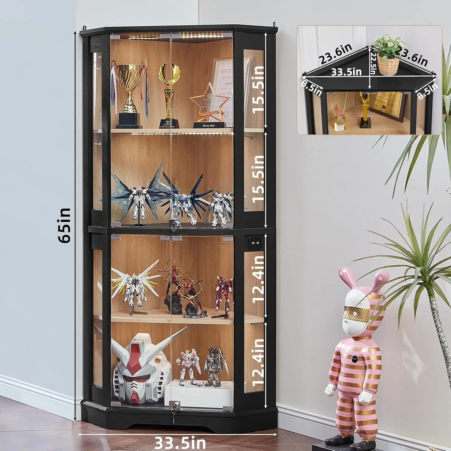 Black Corner Curio Cabinet Glass Doors Tri Color LED Motion Sensor Light