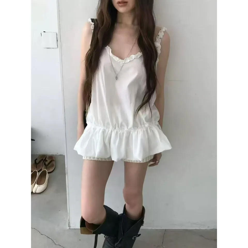 Summer Style Pure Color 3D Lace Trim Halter Top Atmosphere Sensation Casual Wear Women's Mid-Length Sleeveless Vest